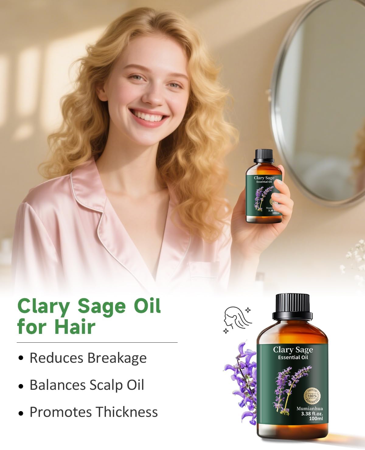 Clary Sage Essential Oil Pure, Mumianhua Natural Clary Sage Oil for Diffuser, Hair,Skin, Candle,Soap Making,Aromatherapy 3.38 Fl Oz