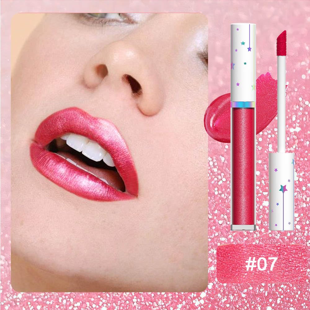 evpct 1Pcs Ruby Rose Red Glitter Metallic Lip Gloss Stain Lipstick for Women Long Lasting Waterproof 24, Sexy Red Frosted Metallic Shimmer Chrome iridescent Liquid Lipstick Lip Gloss Makeup, 07#