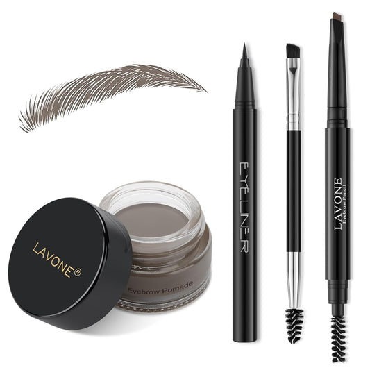 LAVONE Eyebrow Stamp Pencil Kit - Brow Stamp Trio with Waterproof Eyebrow Pencil, Eyeliner, Pomade, Dual-ended Brush - Grey