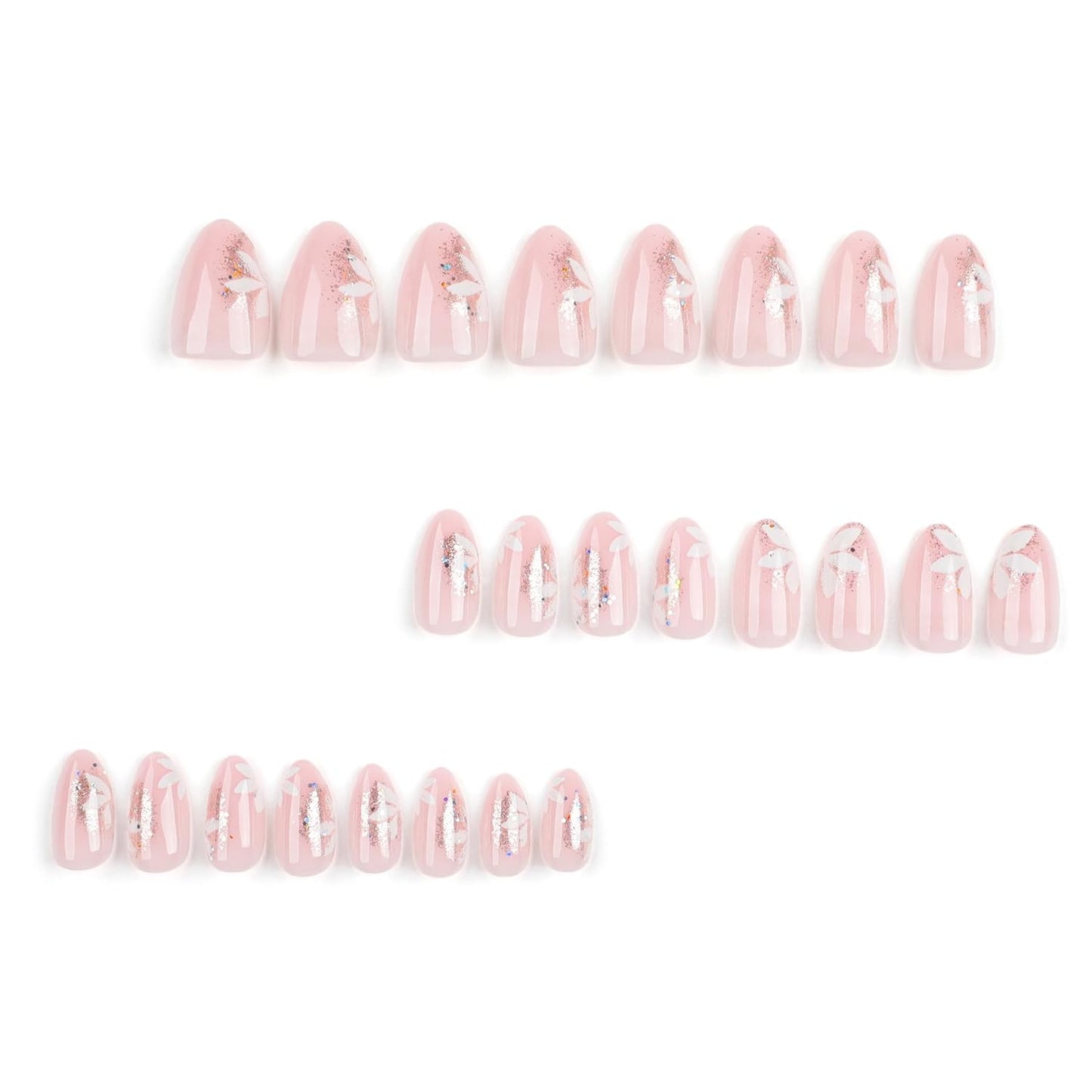 Fall Short Press On Nails Almond, Nude Fake Nails accented with golden glitter and Graceful White Floral Petal Design, Glossy Gel Finish Acrylic Nails, Natural Reusable Glue On Nails Kit for Women