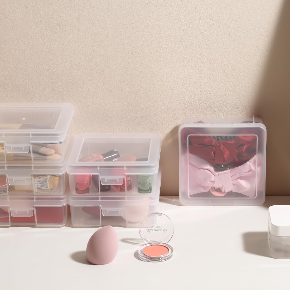 18 Pack Storage Containers with Latching Lid Small Size 5" x 5"x 1.9" Plastic Clear Boxes for Office,Beauty