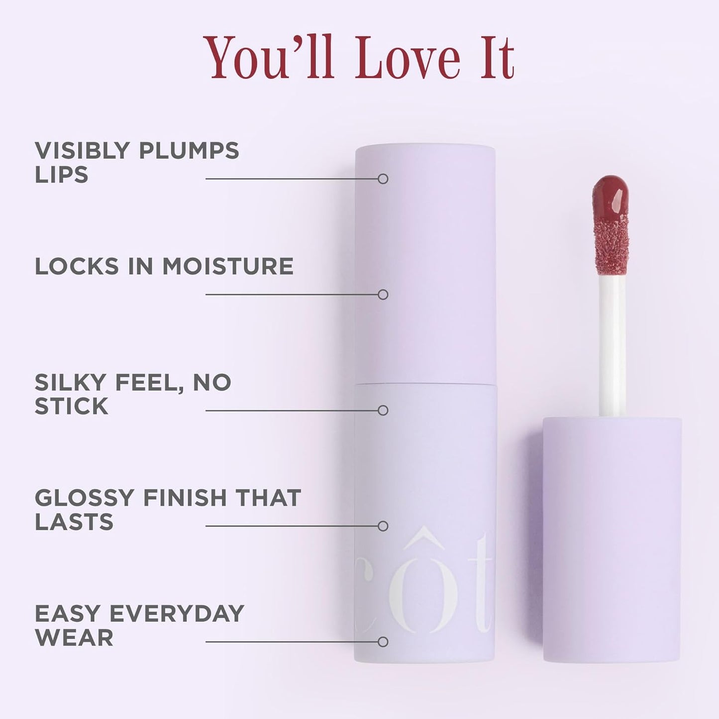 Côte Beauty's Mulberry Peptide Lip Shine, Ultra Hydrating & Long-Lasting Mauve Plumping Lip Gloss for Women with Hyaluronic Acid, Shea Butter & Jojoba Oil, Vegan & Cruelty-Free, 0.12 Fl Oz