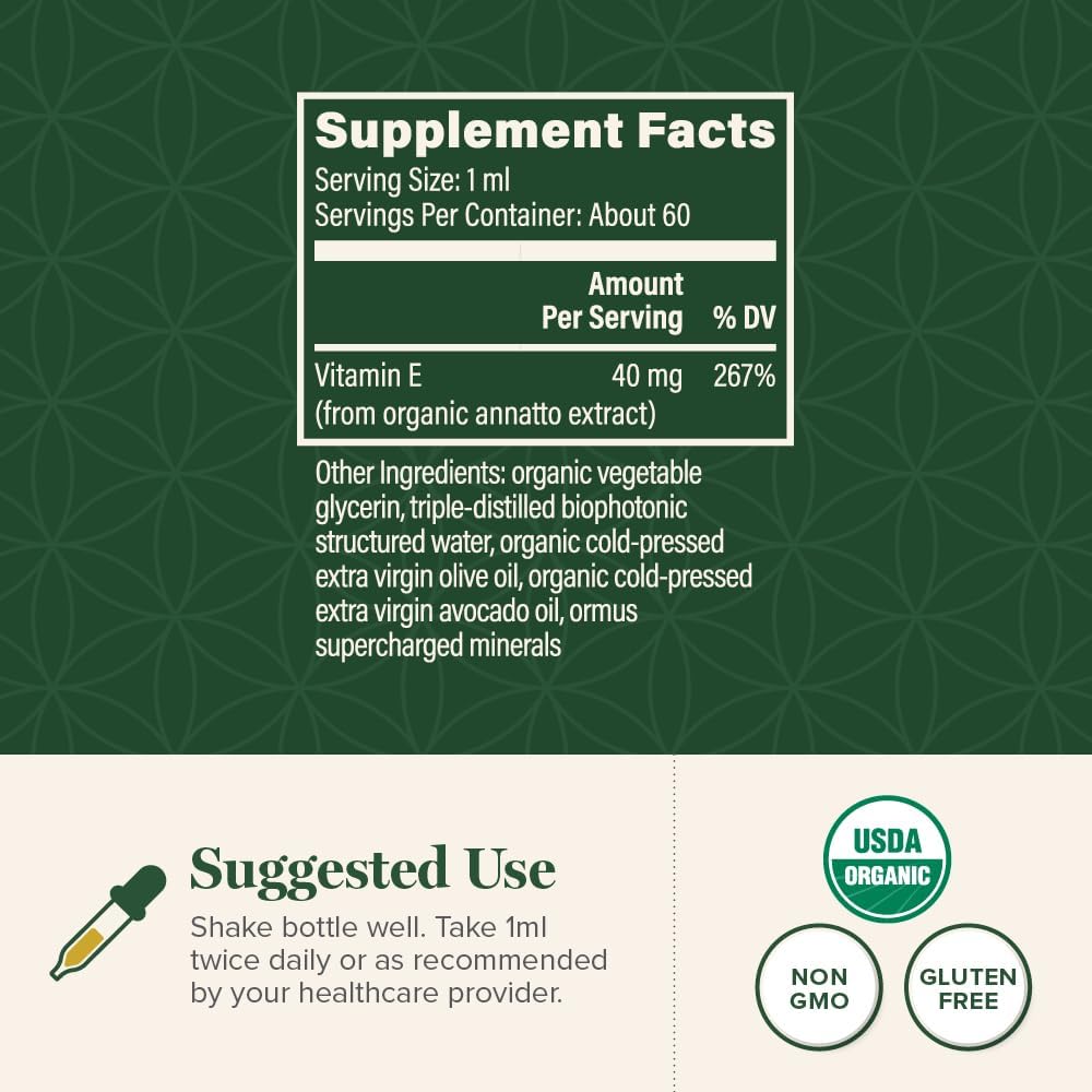 Global Healing Organic Vitamin E Liquid Drops 40 mg - Natural D-Alpha Tocopherol 15% α-tocopherol - Vegan Liquid Vitamin E Oil Oral Supplement for Skin - Low Dose Liposomal Vitamin (2 Oz)