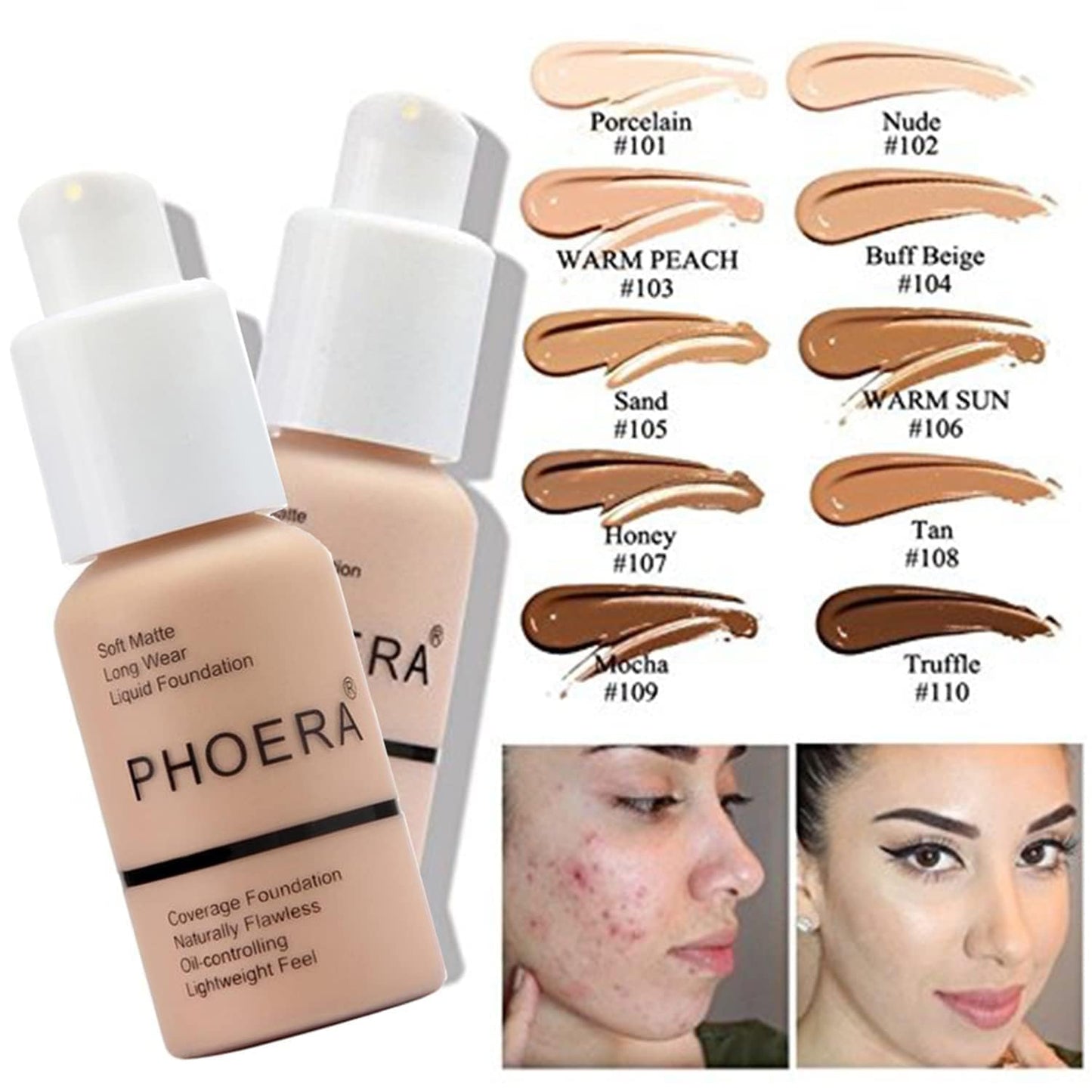 Hilareco PHOER Foundation, 1 pcs-105- Sand, Full Coverage Concealer, 30ml, Matte Liquid Foundation, Cruelty-free, Vegan Guarantee