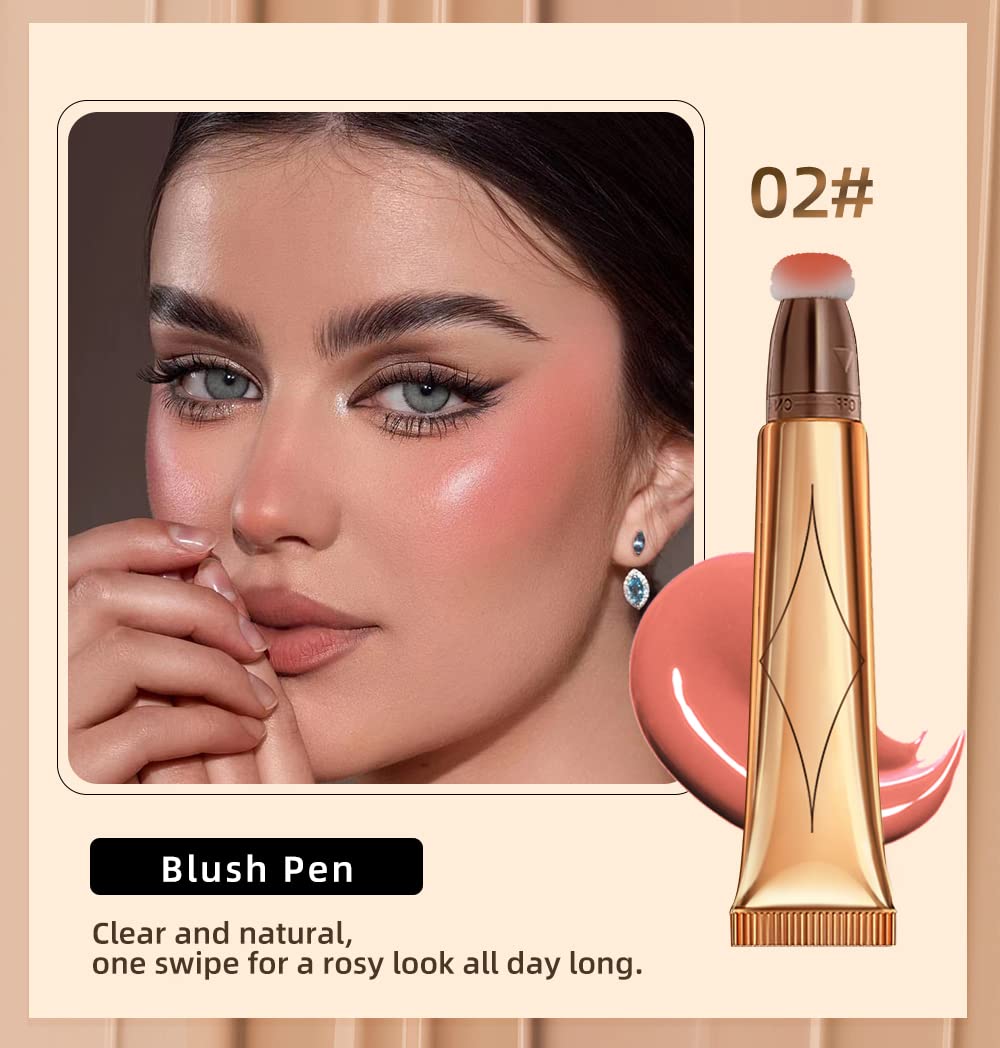 Liquid Blush Beauty Wand, Cream Blush Stick,Face Concealer Contouring Shaping,Long Lasting & Smooth Natural Matte Finish,with Cushion Applicator Attached Easy to Blend.(02# Peach Pink)