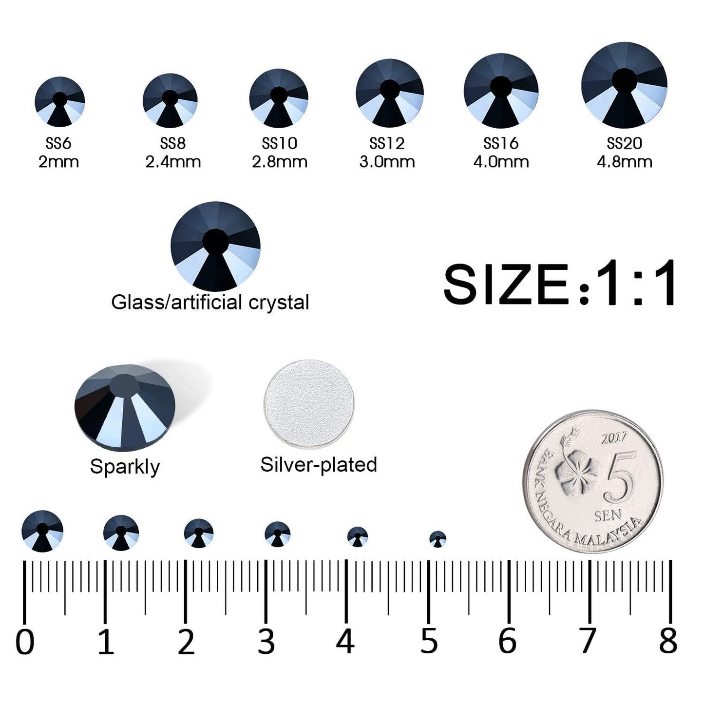 4240Pcs Shiny Black Flatback Rhinestones 6 Sizes Crystal Diamonds for Nail Art Crafts Clothes Shoes with Tweezers and Picking Pen