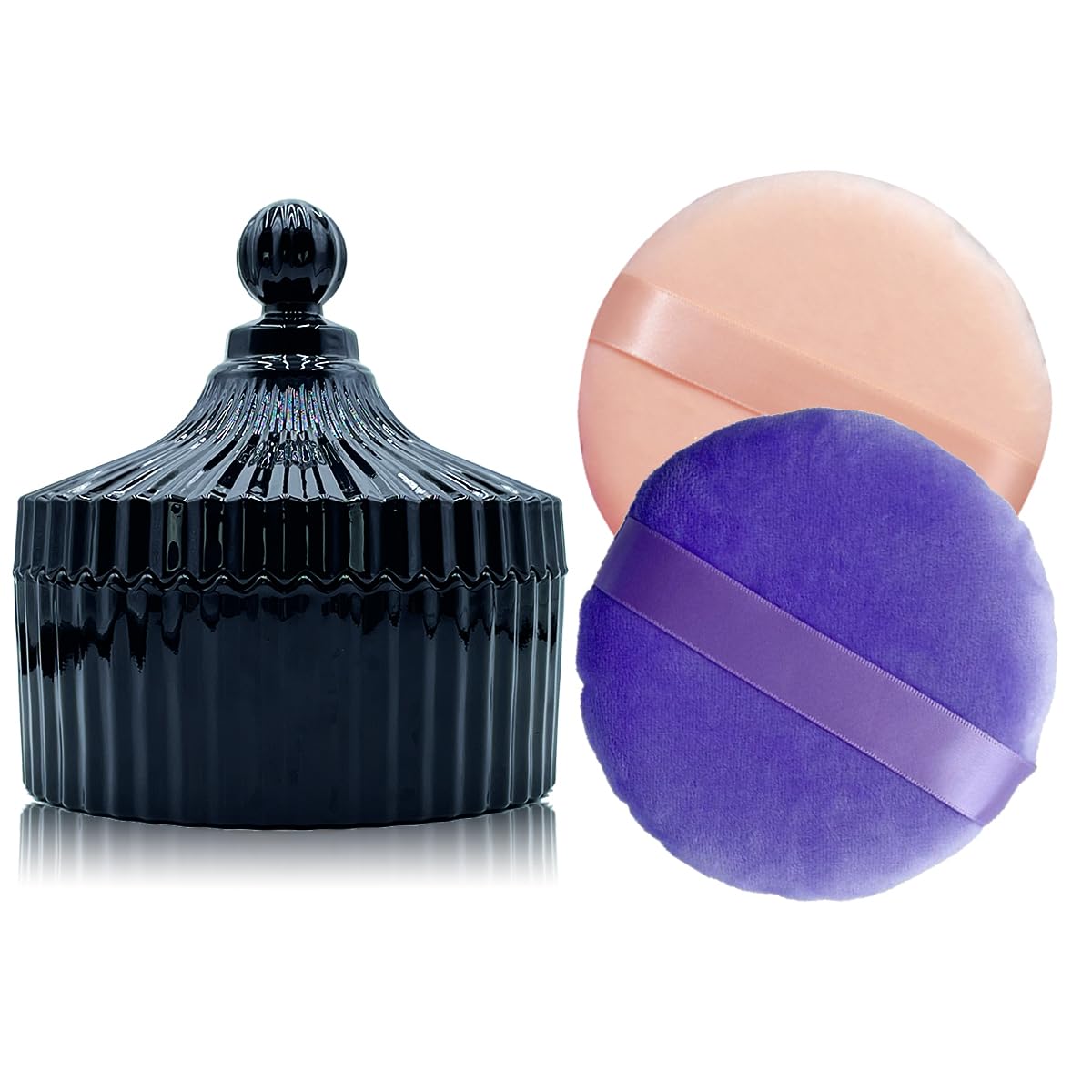 2 Pack Extra Large 5.2" Beige & Purple Powder Puffs and 5.3" Glass Container – Oversized Soft Body & Face Large Powder Puff Dusting Powder Jar Holder Case(Black Glass)
