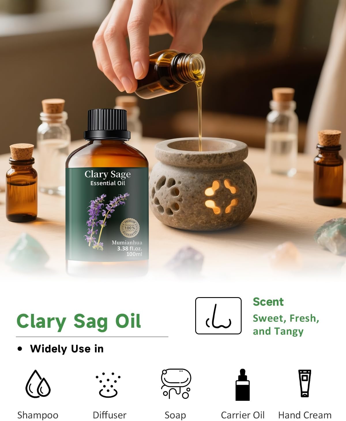 Clary Sage Essential Oil Pure, Mumianhua Natural Clary Sage Oil for Diffuser, Hair,Skin, Candle,Soap Making,Aromatherapy 3.38 Fl Oz