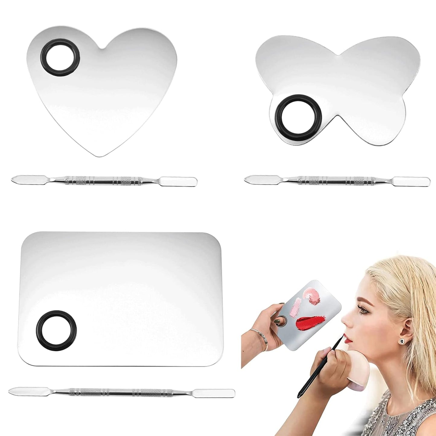 6 in 3 Set Makeup Mixing Palettes, 2 Pcs Stainless Steel Nail Art Palette with 2 Makeup Spatula for Foundation Makeup Tools Eyeshadow Nail Art (4 in 2 Silver Heart Rectangular)