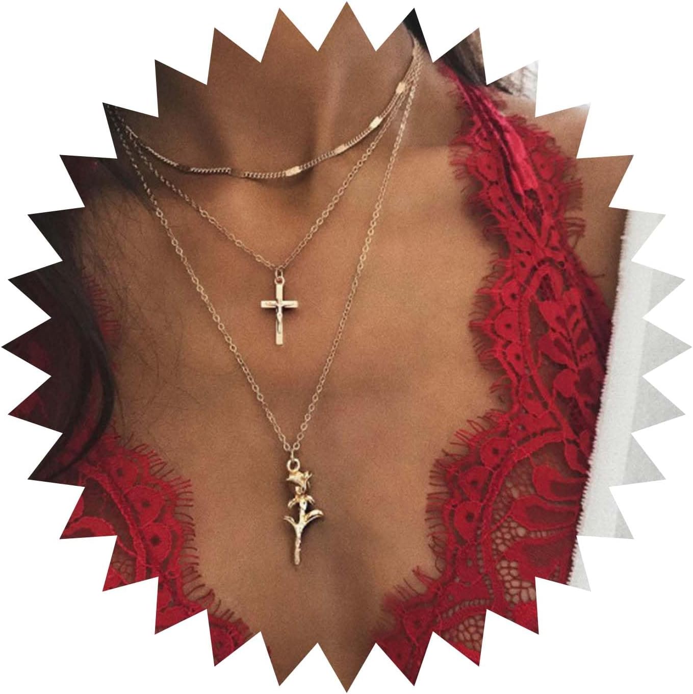 Boho Layered Necklace Choker Vintage Gold Rose Cross Pendant Necklaces Statement Multi Layer Cross Necklace Rose Flower Pendant Necklace Chain Jewelry for Women