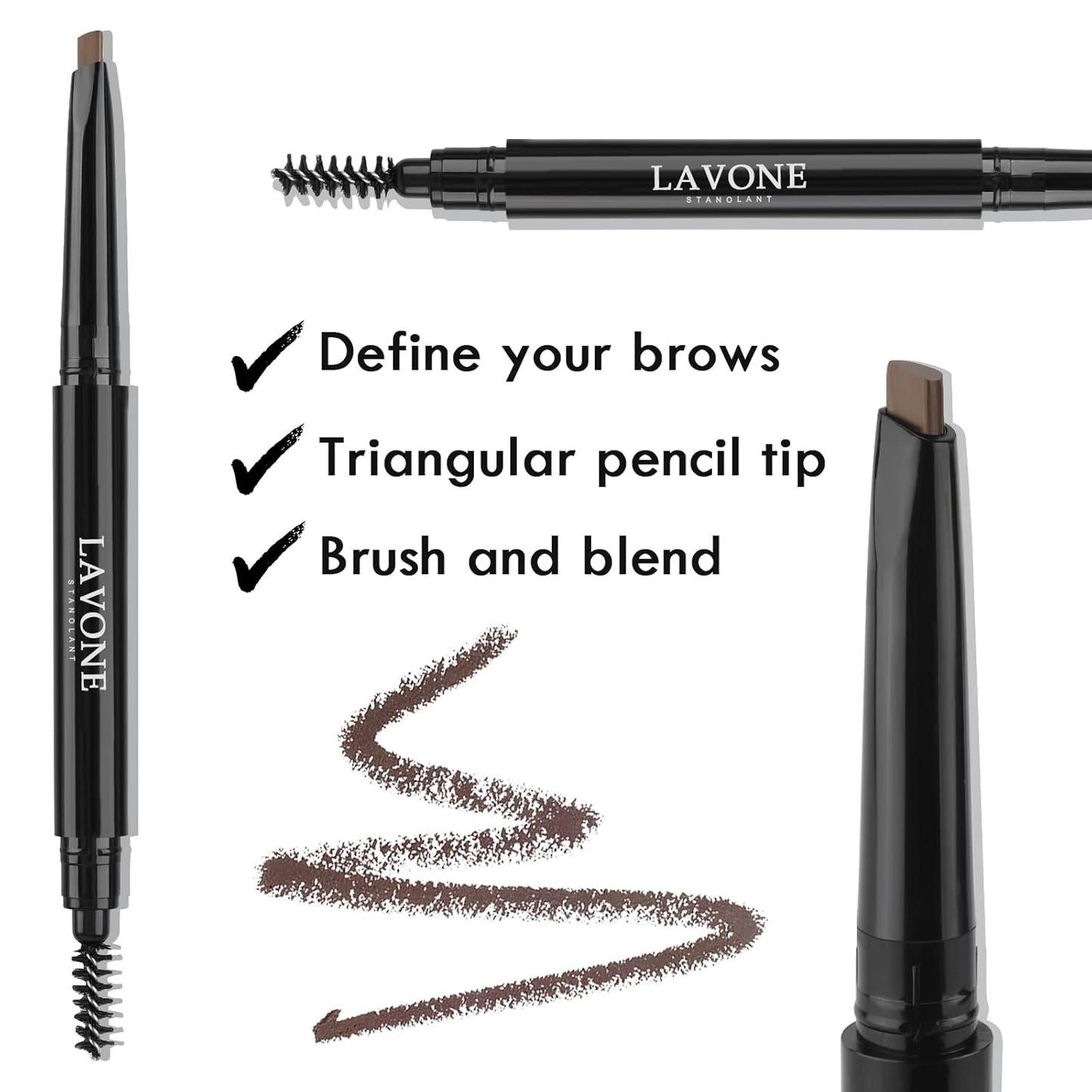 LAVONE Eyebrow Stamp Stencil Kit - Brow Stamp Trio with Waterproof Pencil, Pomade, 20 Stencils, Dual-ended Brush and Sponge Applicator - Ebony