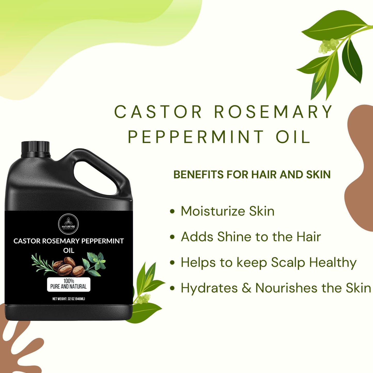 Naturevibe Botanicals Castor with Rosemary and Peppermint Oil 32 Ounces | 100% Pure and Natural | Great for Skin Care and Hair Care