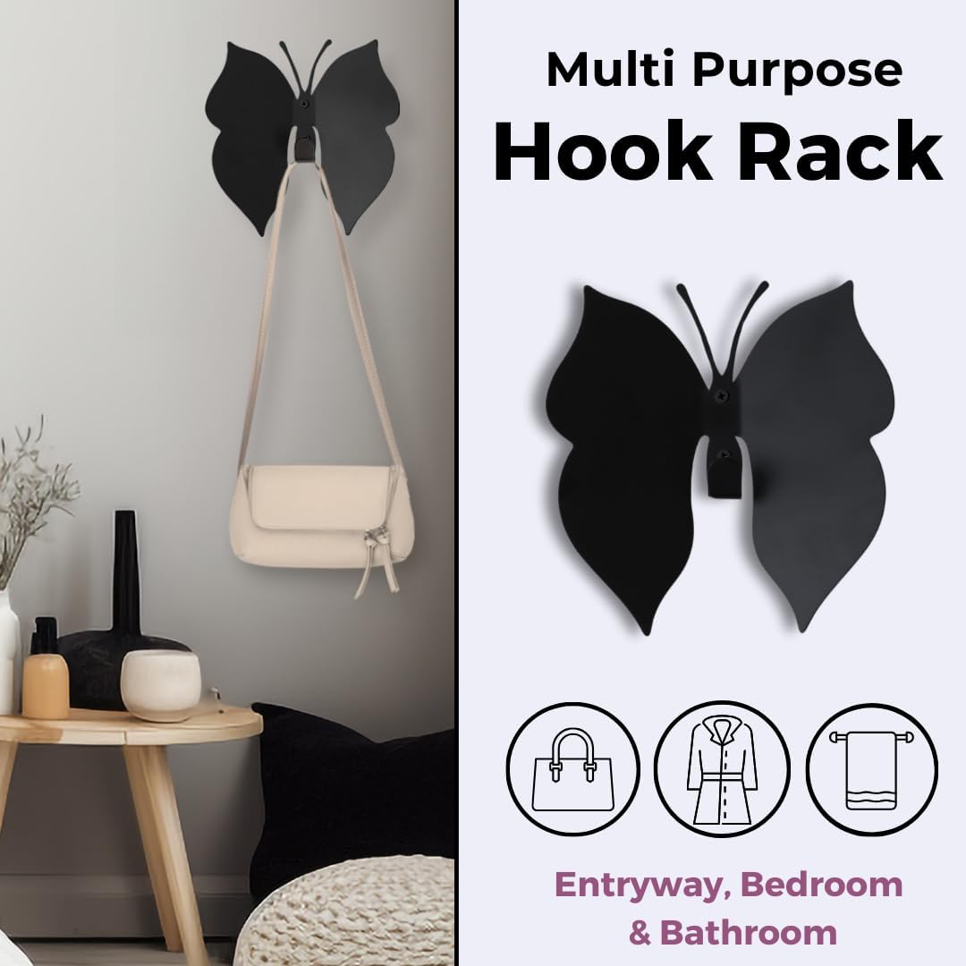 Butterfly 3D Black Butterfly Wall Hooks: Girl’s Bedroom Double-Hook Coat Rack Mount for Hanging Coat,Clothing,Backpacks,Purses,Jewelry,Towels, Girls Room DécorCut-Out Metal 2 Hangers