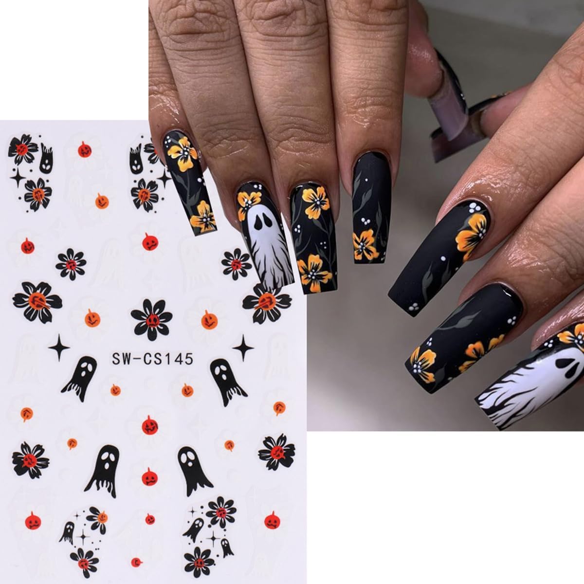 Halloween Nail Decals - 10 Sheets Self-Adhesive Nail Design Stickers with Pumpkin, Spider Web, Bleeding Nail Art, Spooky Ghost, Flowers, Boo Bat for Women DIY Halloween Nail Decor