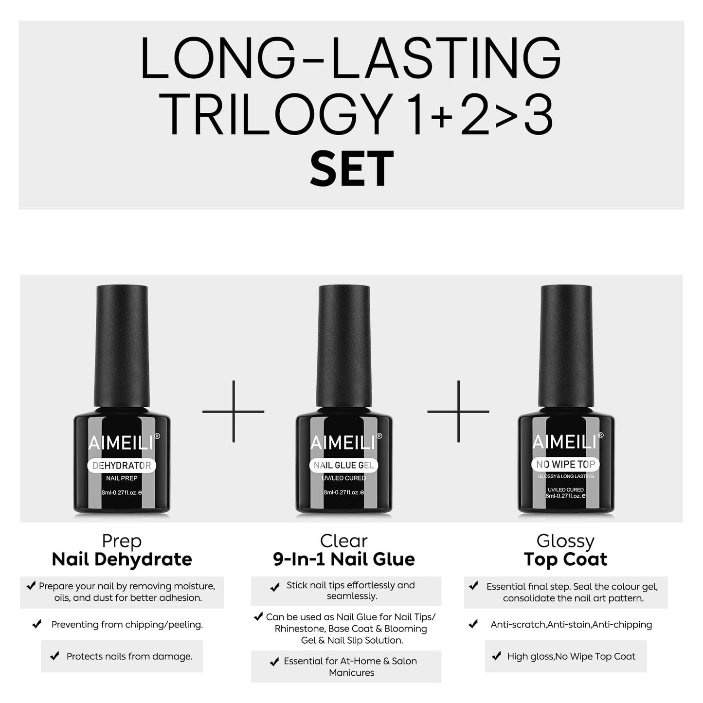 AIMEILI Nail Glue Gel with Top Coat and Prep Dehydrator 3 PCS, Hema Free, Cruelty Free, Vegan, Clear High Gloss Gel Nail Polish Long Lasting Nail Art