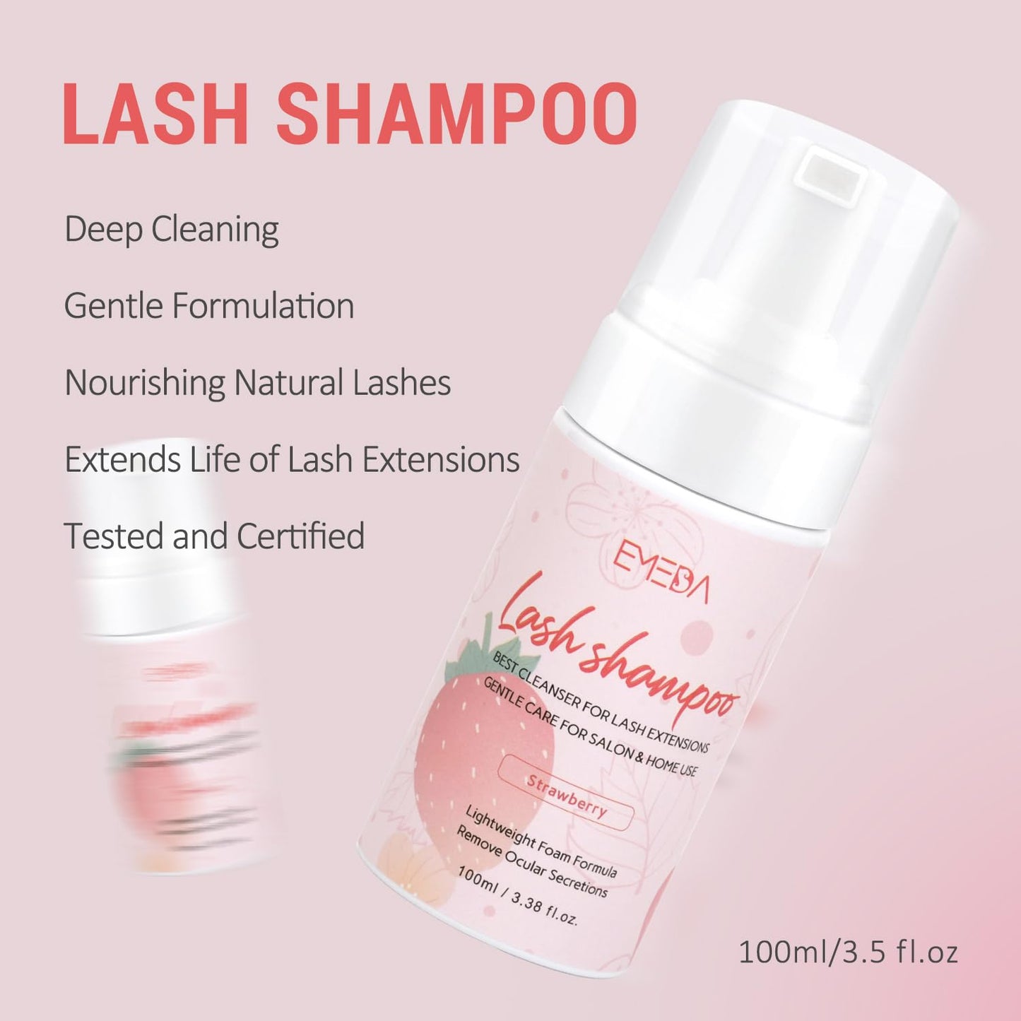 EMEDA Lash Shampoo Kit - 3.38 fl.oz / 100ml Gentle Foam Lash Cleanser, Oil-Free Cleaning for Wash Extension/Natural Eyelash Bath with Rinse Bottle Brush (Strawberries)
