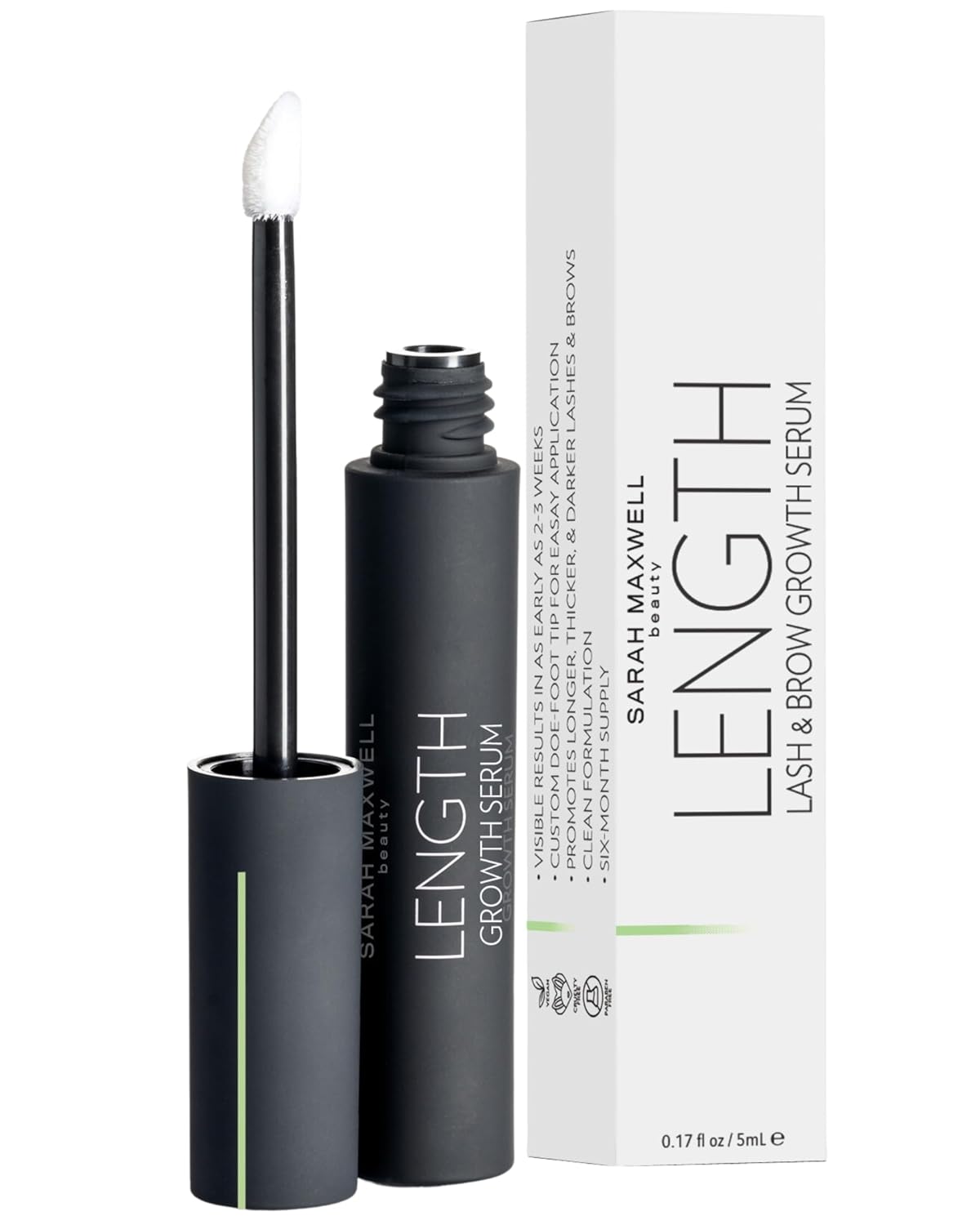 Sarah Maxwell Beauty - LENGTH Growth Serum for Eyelash & Brow Boost, Vegan, Paraben-Free, Cruelty-Free – Enhance Lashes & Brows, Clean Beauty Lash Treatment (0.17 fl oz | 5 mL)