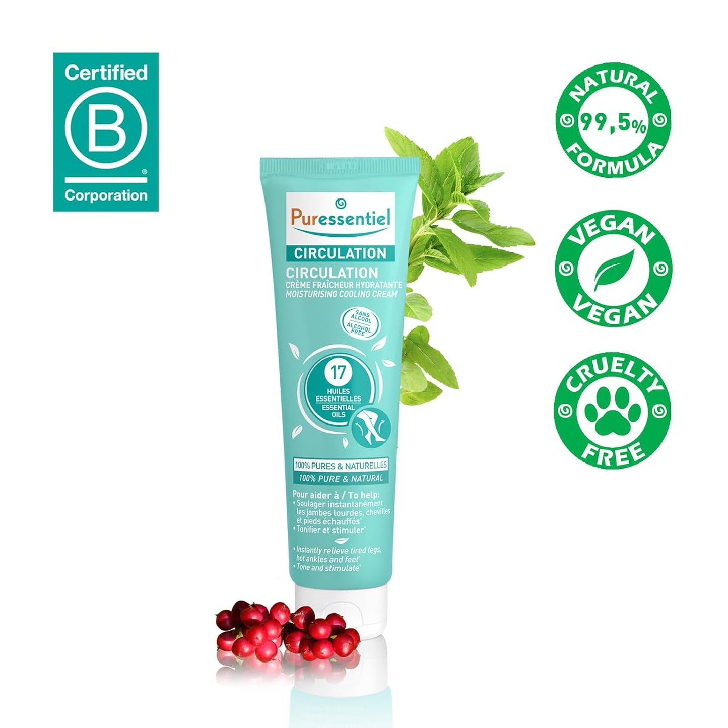 Puressentiel Circulation Moisturizing Cooling Cream - 100% Pure And Natural Oils - Alcohol Free - Supports Circulation - Provides Instant, Lasting Relief For Tired Legs, Ankles And Feet - 3.4 oz