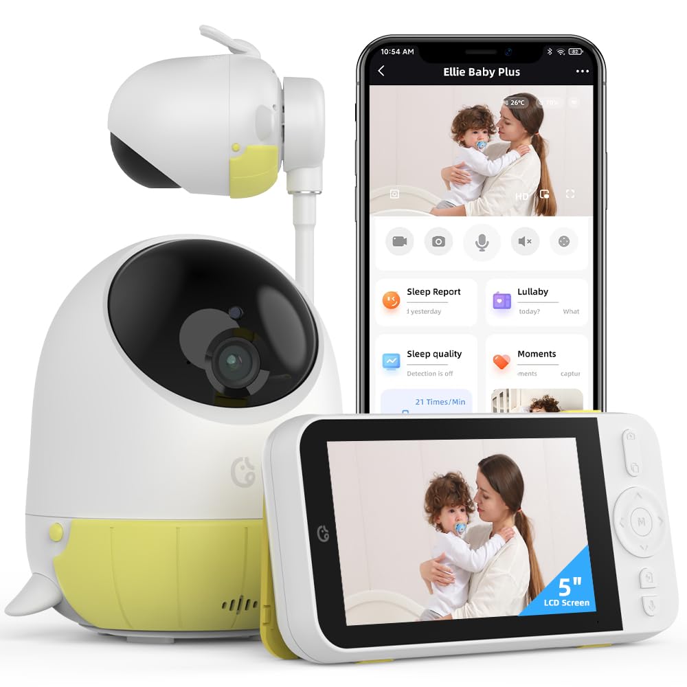 Ellie Video Baby Monitor, Full AI Function Monitor with Camera and Audio, Two Way Control for no WiFi or WiFi, Face Covered Alert, Sleep Analysis, Breathing Detection
