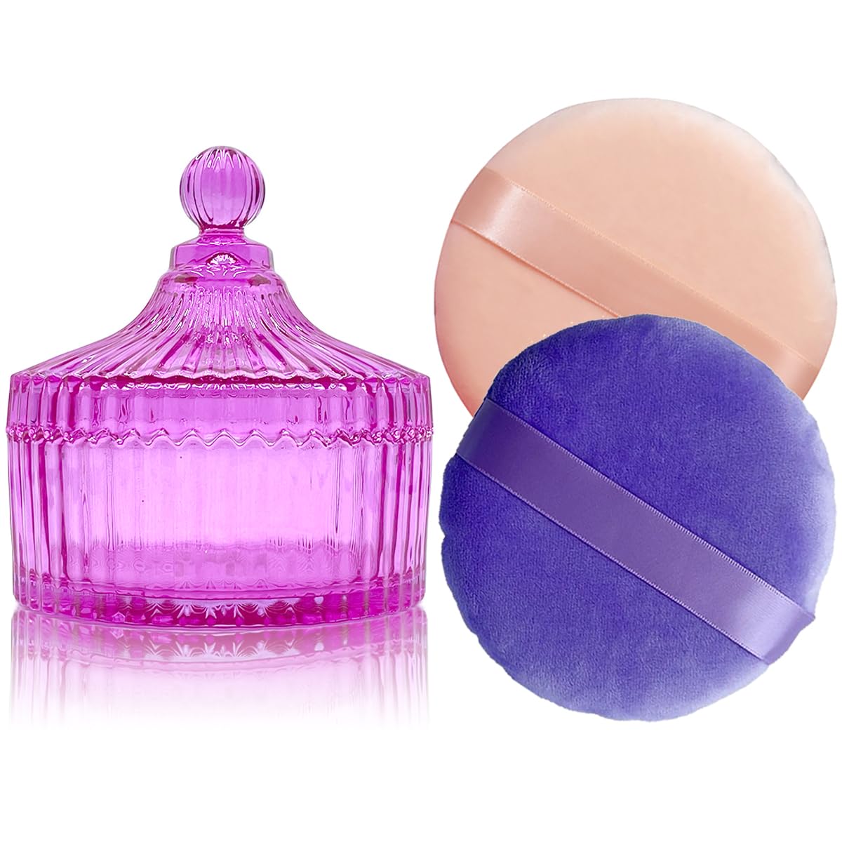 2 Pack Extra Large 5.2" Beige & Purple Powder Puffs and 5.3" Glass Container – Oversized Soft Body & Face Large Powder Puff Dusting Powder Jar Holder Case(Pink Glass)