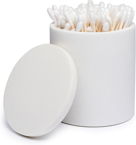 Cotton Swab Holder Bathroom Organizer – Bathroom Canisters with Lids Cotton Pad Holder for Countertop, Vanity – Luxury Apothecary Jars with Lids Hold Swabs, Makeup Pads (White)