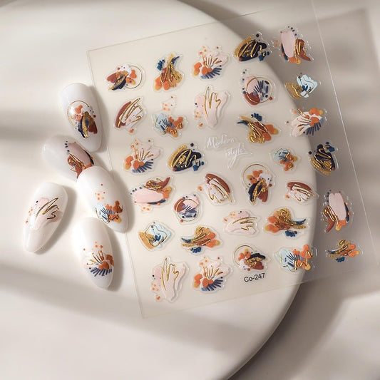 Fall Nail Art Stickers 3D Embossed Oil Painting Nail Stickers, Self-Adhesive Durable Nail Art Decals for Women Girls, Nail Wraps Decoration Manicure for DIY Acrylic Nail Accessories