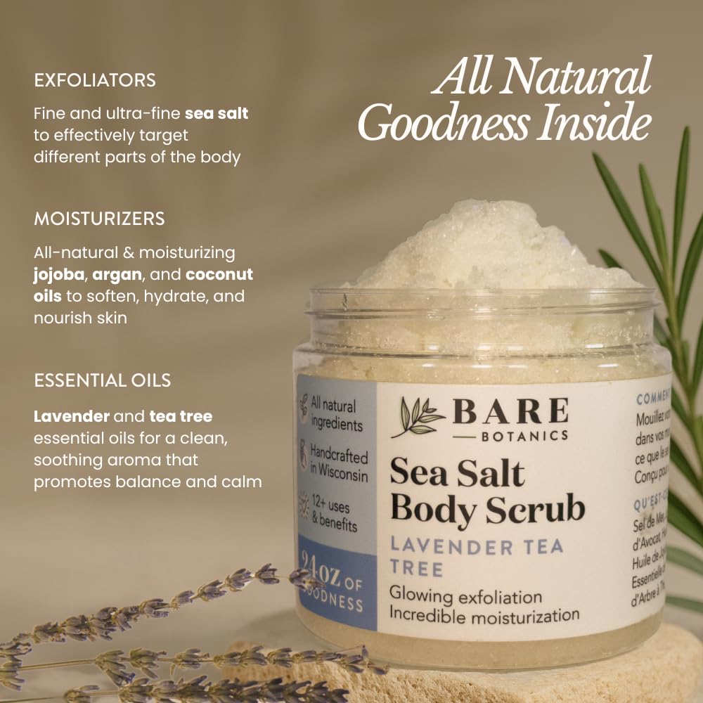 Bare Botanics Lavender Tea Tree Body Scrub 24oz | Made in Madison, WI | All Natural Sea Salt Exfoliator w/ Skin Loving Moisturizers | Vegan & Cruelty Free | Gift Ready Packaging w/ a Cute Wooden Spoon