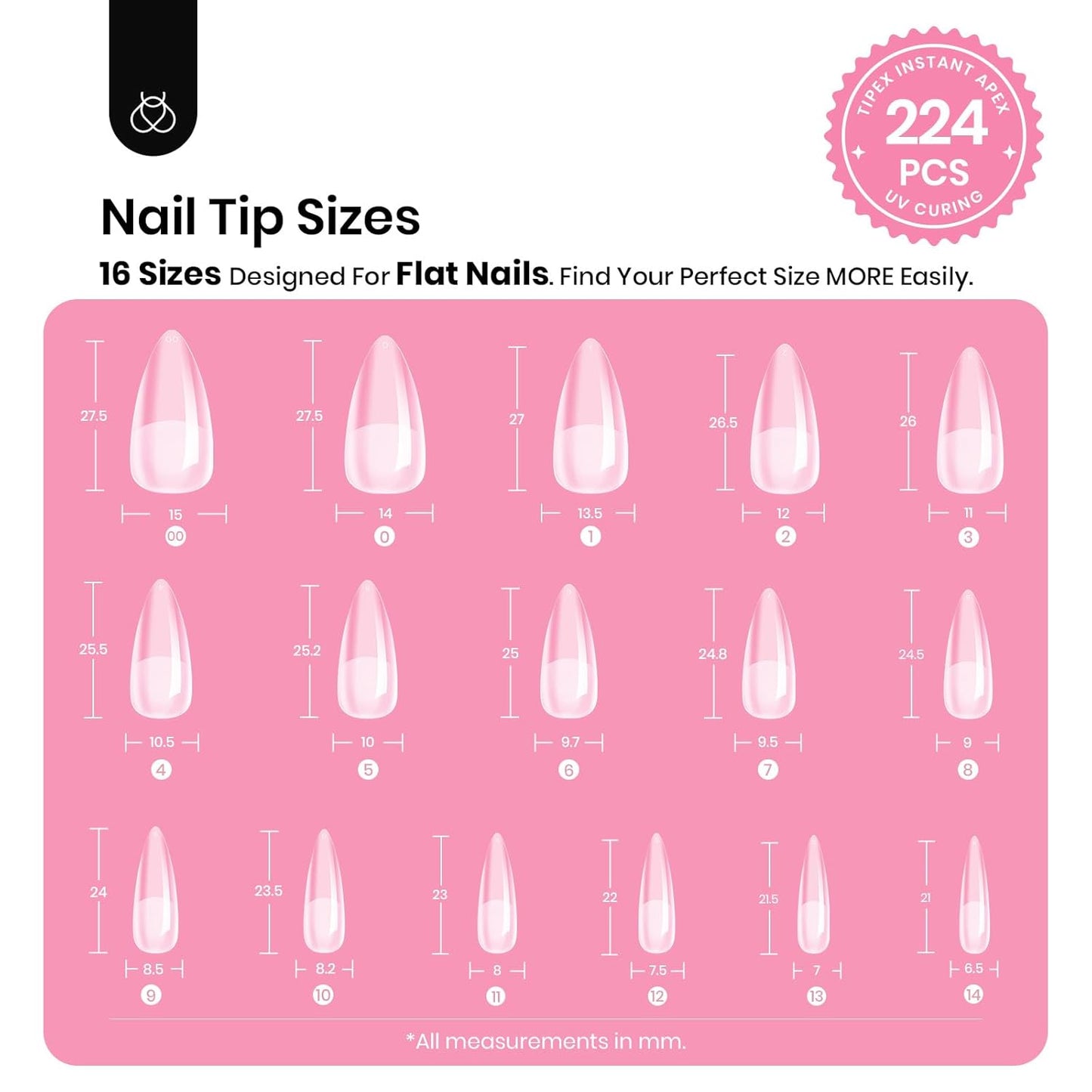 Beetles Tipex Instant Apex Nail Tips Kit Halloween Nails, Medium Stiletto, 224 Pcs 16 Sizes Pre-Building Pre-Etched False Nail Tips with Tipex Nail Glue, Mini Nail Lamp