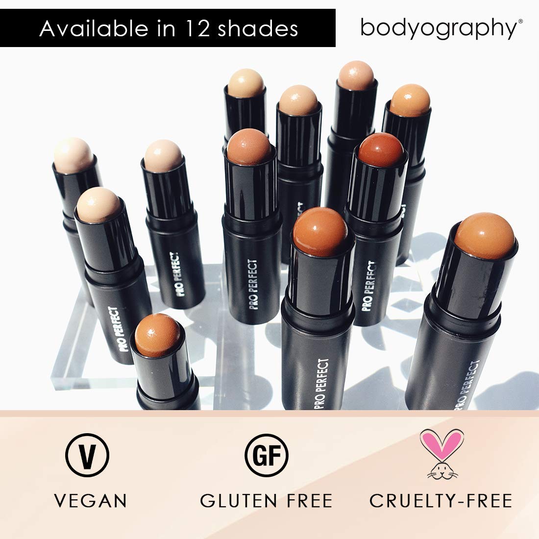 Bodyography Pro Perfect Foundation Stick - Demi-Matte Finish with A Natural Look - Enhancer for Concealing, Highlighting, and Contouring - Vitamin C & E (Hazelnut)