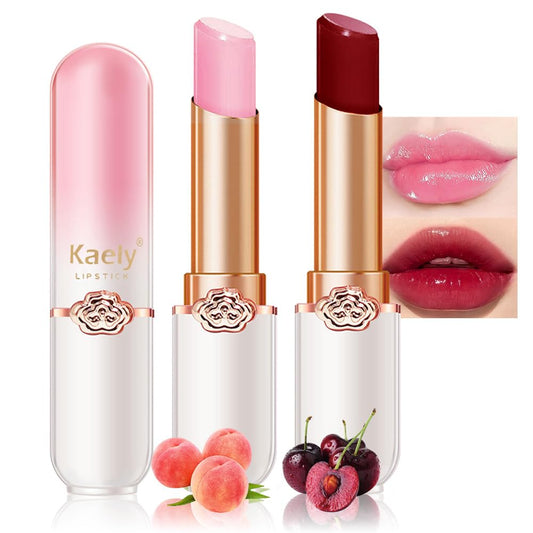 evpct 2Pcs Peach Red Cherry Magic Mood Color Changing Lipstick Long Lasting 24 Hours Original for Women, PH Color Change Changing Jelly Lipstick Tinted Lip Balm Gloss Stain Makeup Set labiales magicos