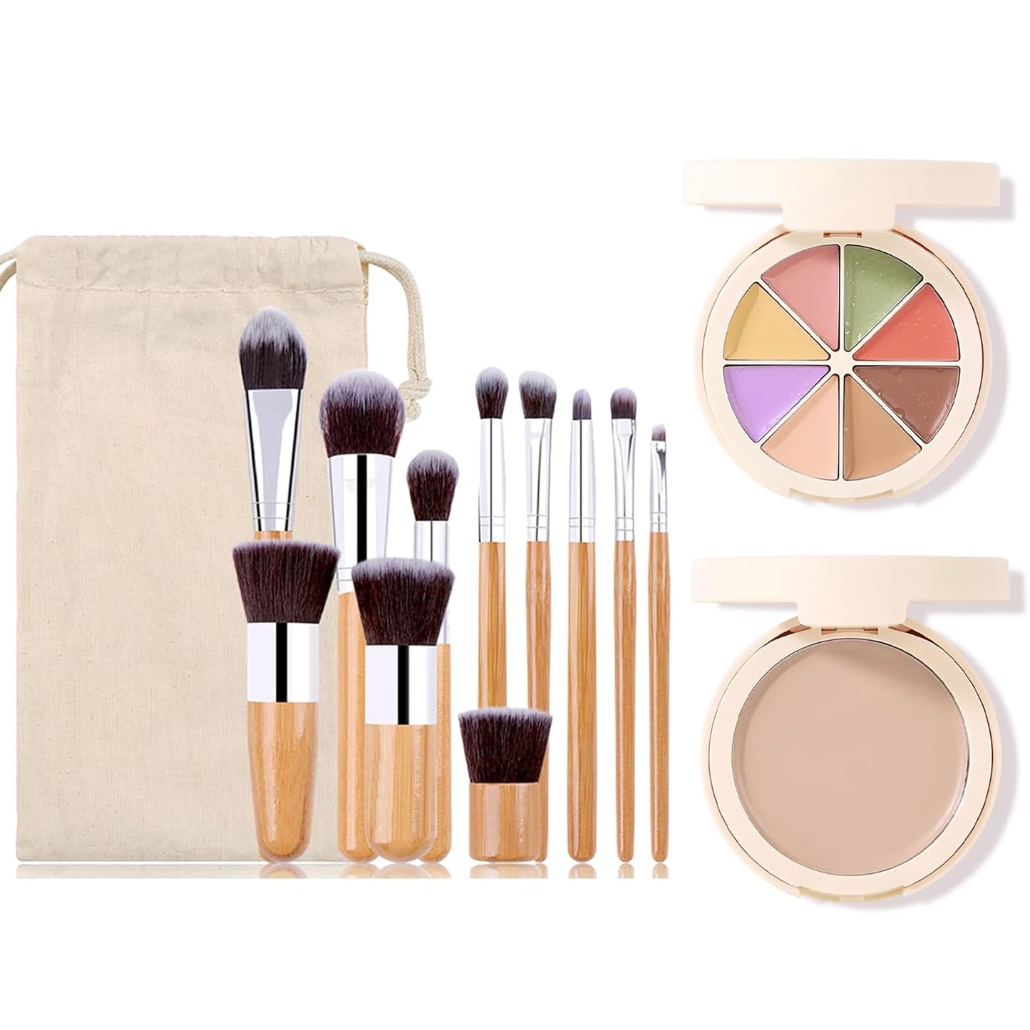 Foundation Concealer Palette with Makeup Sponges & Applicator, 11 Pcs Foundation Powder Concealers Eye shadows Blush Makeup Brushes, 2 in 1 Compact Contouring Duo Layer Plate, Pearl White