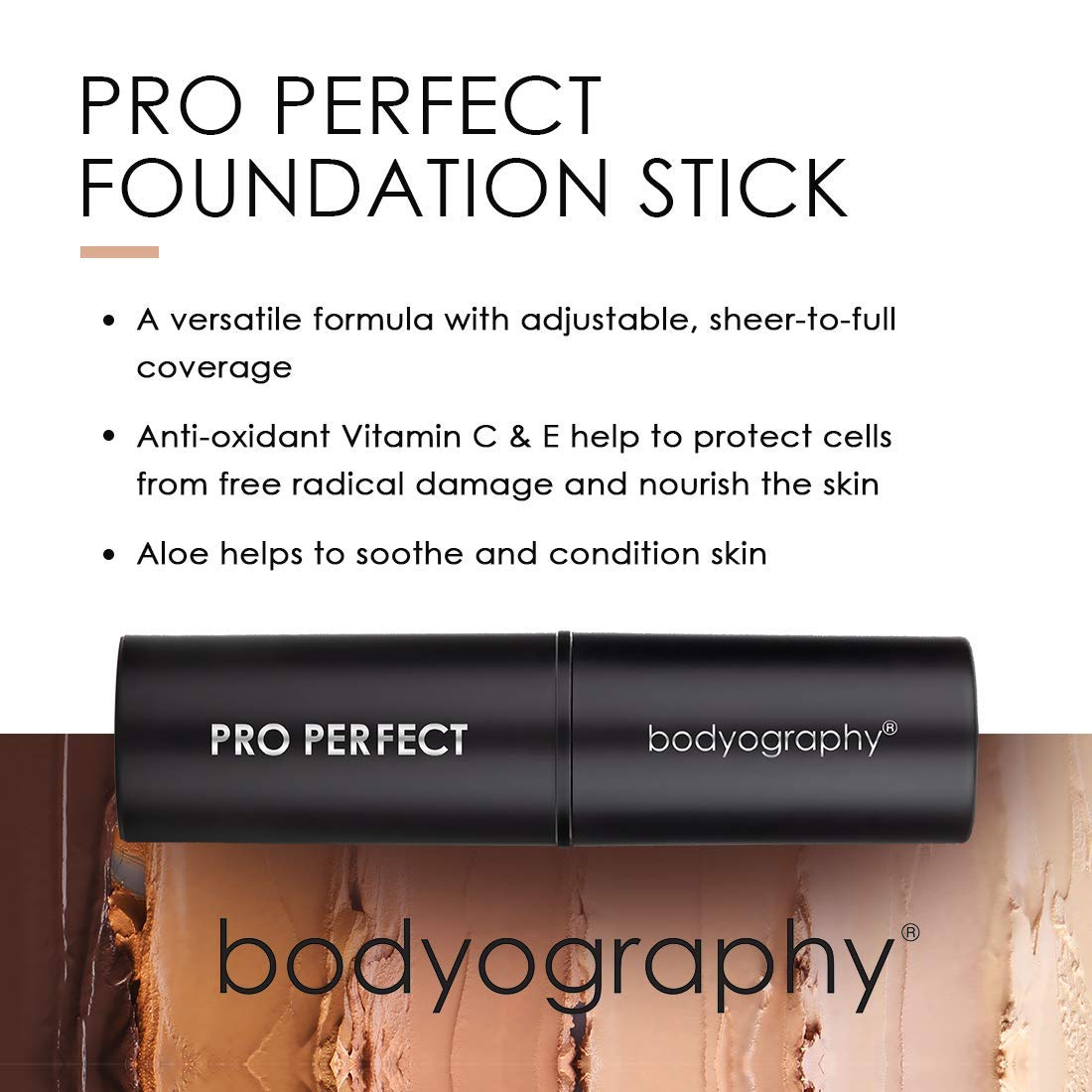 Bodyography Pro Perfect Foundation Stick - Demi-Matte Finish with A Natural Look - Enhancer for Concealing, Highlighting, and Contouring - Vitamin C & E (Latte)