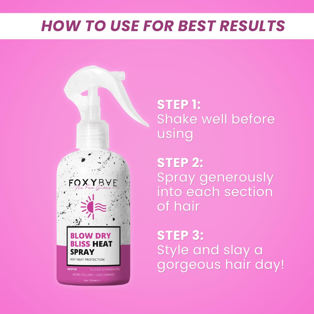 FoxyBae Heat Protectant Spray - with Biotin - Thermal Protection for up to 450°F - More Volume, Less Damage - Blow Dry Bliss - 8 Fl Oz