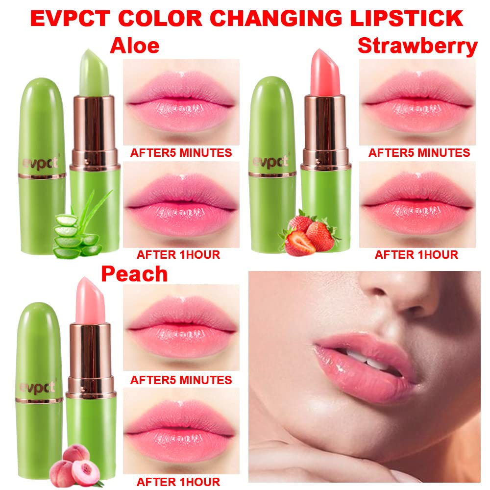 evpct 3Pcs Magic Color Changing Lipstick Long Lasting Waterproof 24 Hours Original for Women, Aloe Vera Strawberry Peach Pink PH Mood Permanent Color Changing Lipstick Lip Balm Gloss, labial magico