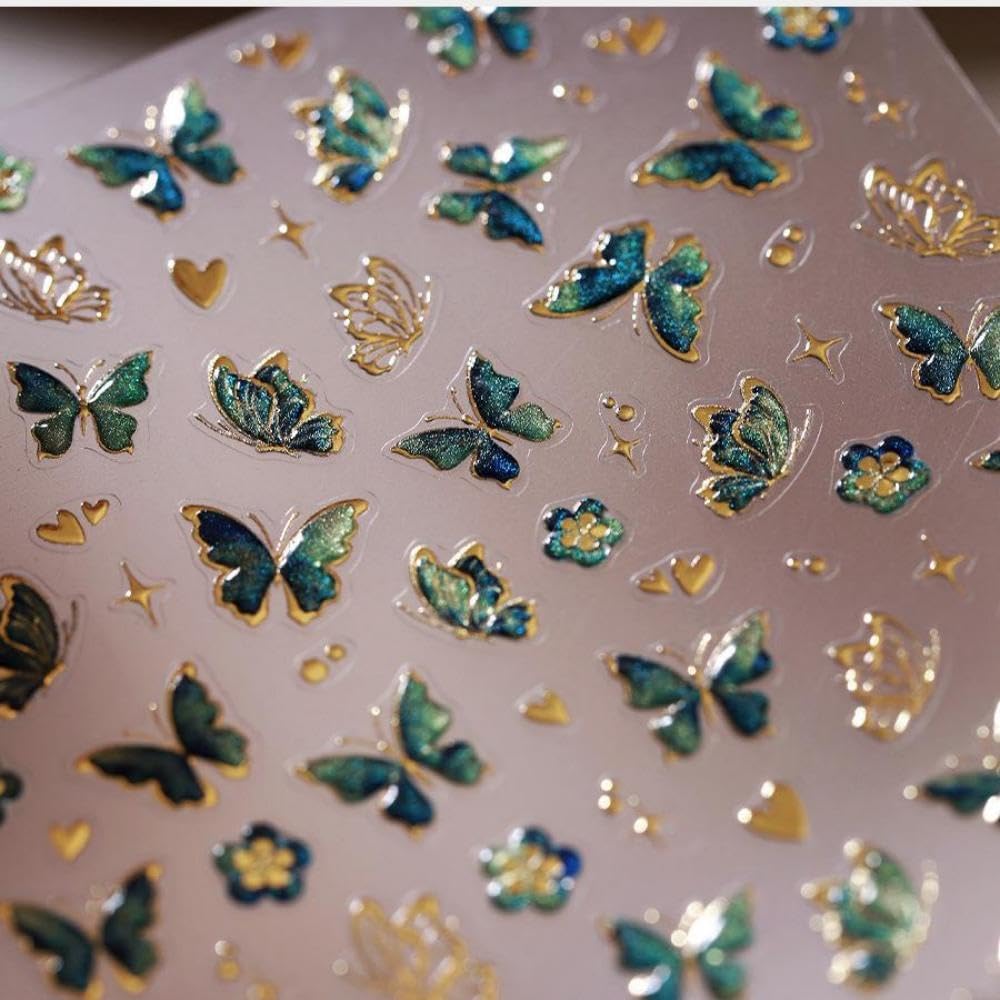 Butterfly Nail Art Stickers Green Golden Nail Decals Self Adhesive 5D Embossed Nail Sticker for Nail Art Spring Design for Women Girls Supplies Nails Decorations Accessories