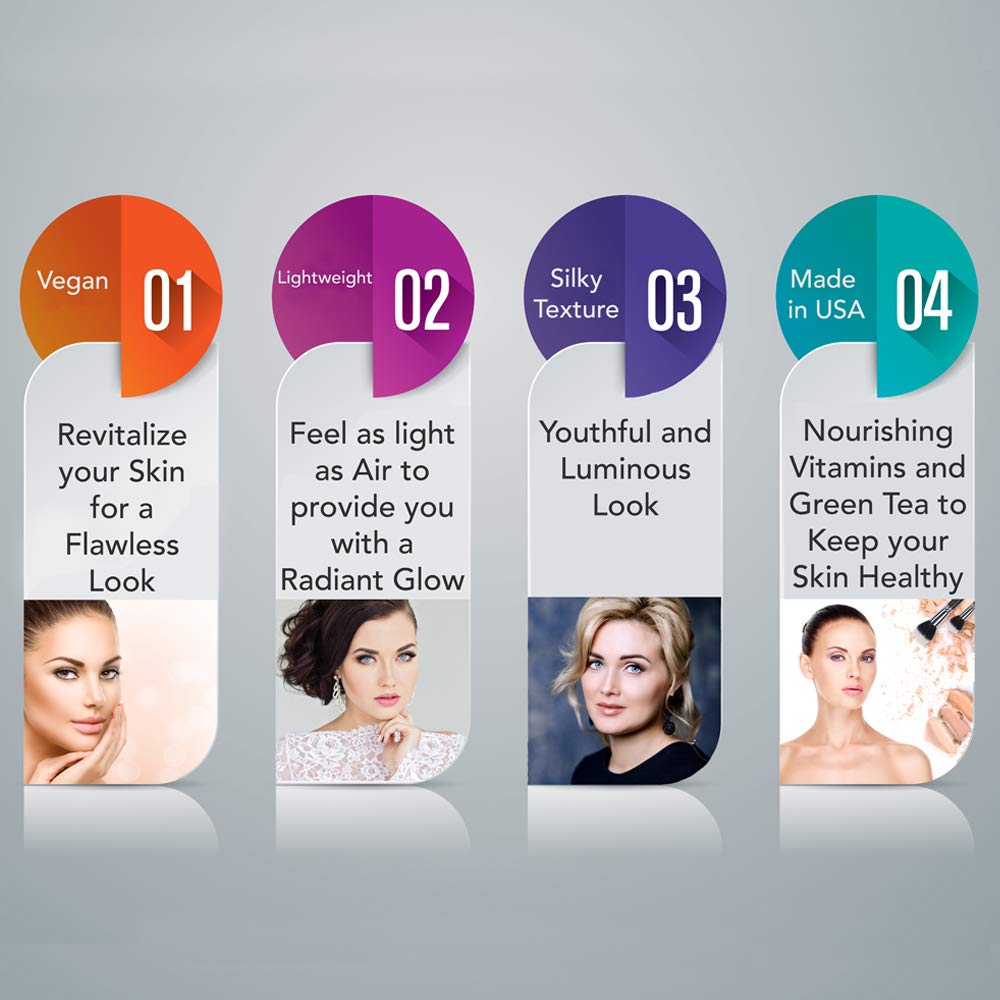 Mineral Face Powder Foundation Makeup. Natural Full Coverage Loose Foundation with Vitamin and Green Tea. Made in USA