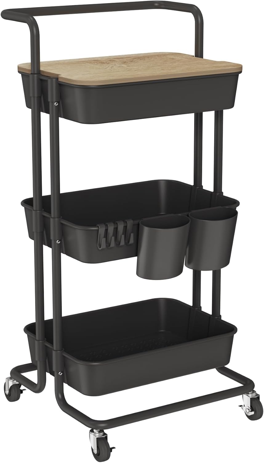 DTK 3 Tier Rolling Cart Uility Cart with Cover Board, Mobile Storage Cart with Wheels, Cups, Hooks for Office Utility Kitchen Bathroom Homeschool Art Craft Postpartum Teacher Cart Organizer(Black)
