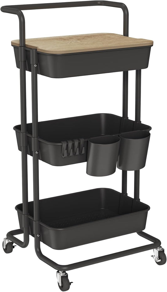 DTK 3 Tier Rolling Cart Uility Cart with Cover Board, Mobile Storage Cart with Wheels, Cups, Hooks for Office Utility Kitchen Bathroom Homeschool Art Craft Postpartum Teacher Cart Organizer(Black)