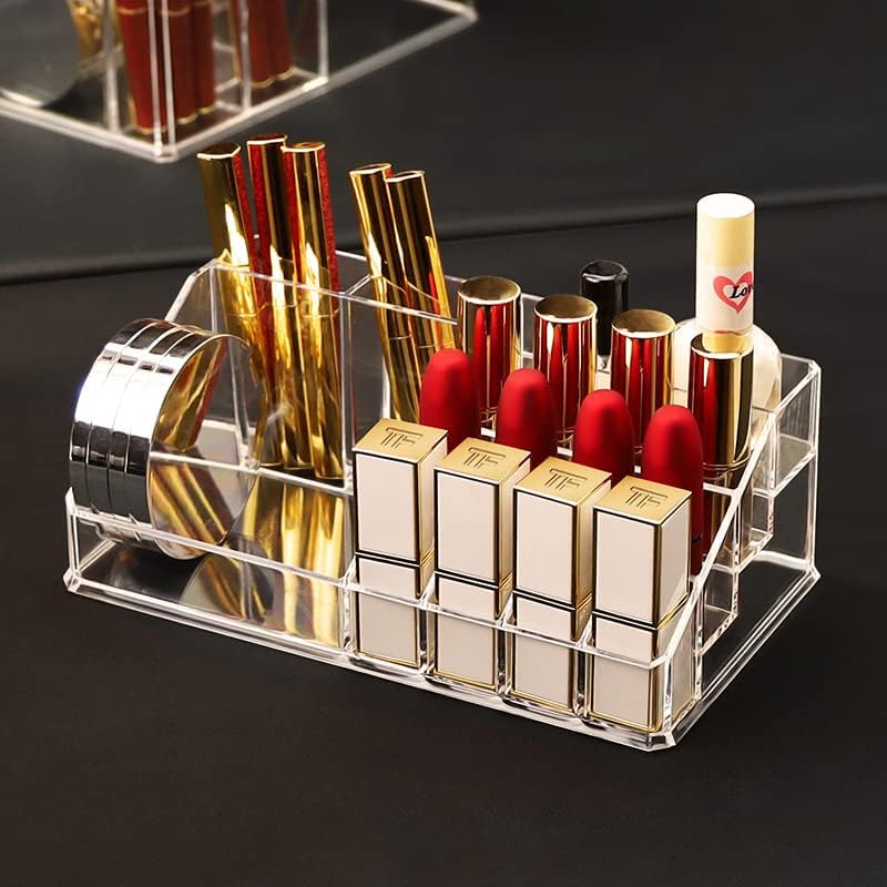 Acrylic Makeup Organizer Cosmetic Storage Makeup Display Case Makeup Brush Holder Lipstick Dispenser Canister Bathroom Container (8.7x 5 x 3.2 in, 16 Partitions, Transparent)