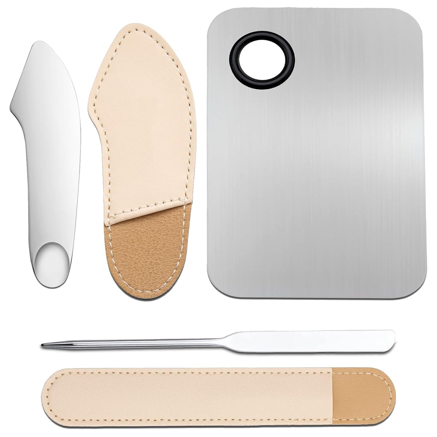 3 Pcs Makeup Foundation Spatula Spoon Tool Set, Make Up Mixing Palette Tray, Stainless Steel Skin Care Spatula, Cosmetic Scoop Scraper for Skincare Face Eye Cream (Silver)