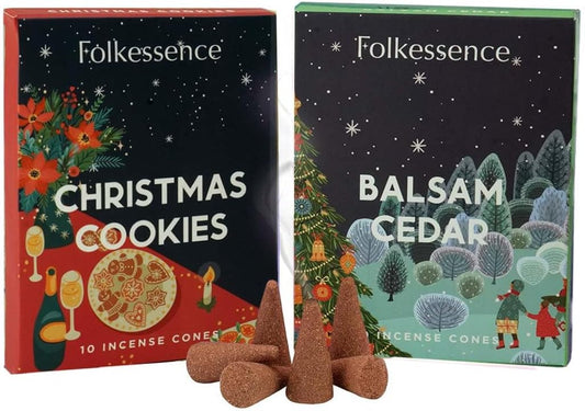 Folkulture Backflow Incense Cones | 20 Pc Incense Cone Scented | 2 Fragrance Cone-Insenses - Christmas Cookie & Balsam Cedar | Natural, Non Toxic | Christmas Inscents-Cones | Relaxing, Meditation