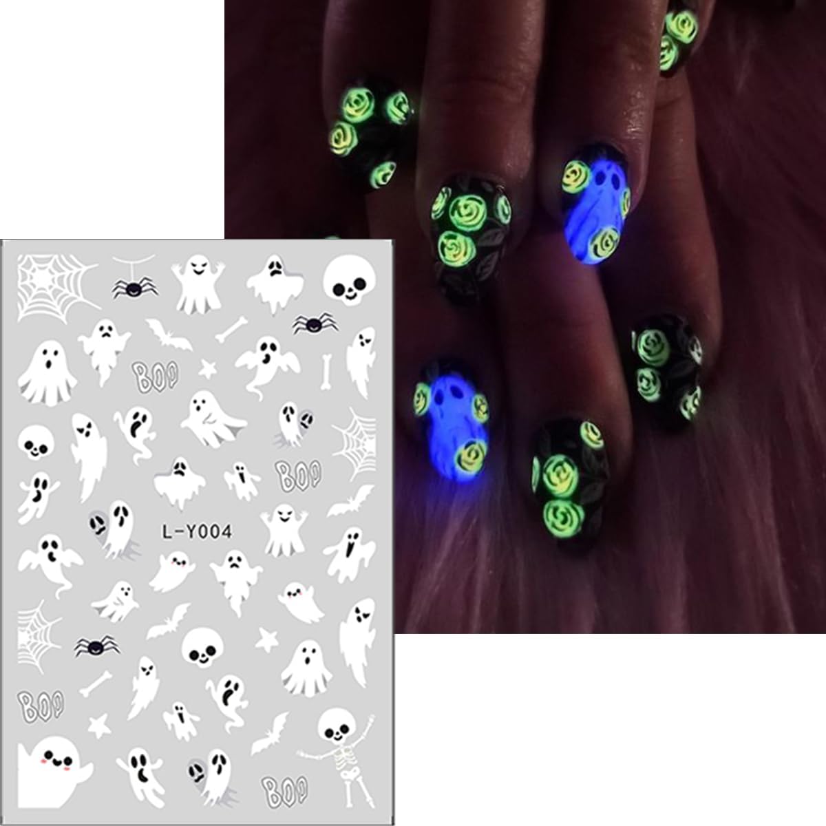 4 Sheets Halloween Nail Art Stickers Luminous Halloween Nail Stickers Glow in Dark Nail Art Design White Spooky Nail Decoration Cute Ghost Bat Spider Nail Decals for Women Girls Holiday DIY