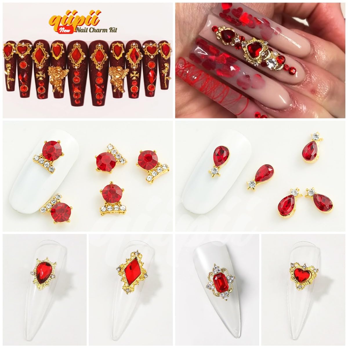 24pcs Red Luxury Nail Charms +2000pcs Ruby Red Rhinestones 3D Big Nail Gems K9 Glass Nail Crystals Diamonds Jewelry Stones Alloy Nail Art Studs Decor Supplies Heart Charms for Arylic Nails Crafts DIY