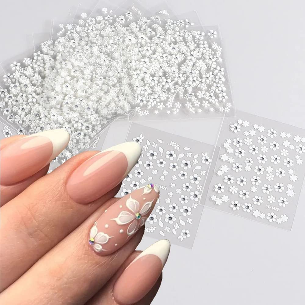 30 Sheets White Flower Nail Art Stickers, White Flower with Rhinestones Designs Nail Decals 3D Self Adhesive Nail Stickers Nail Art Supplies for Nails Decorations