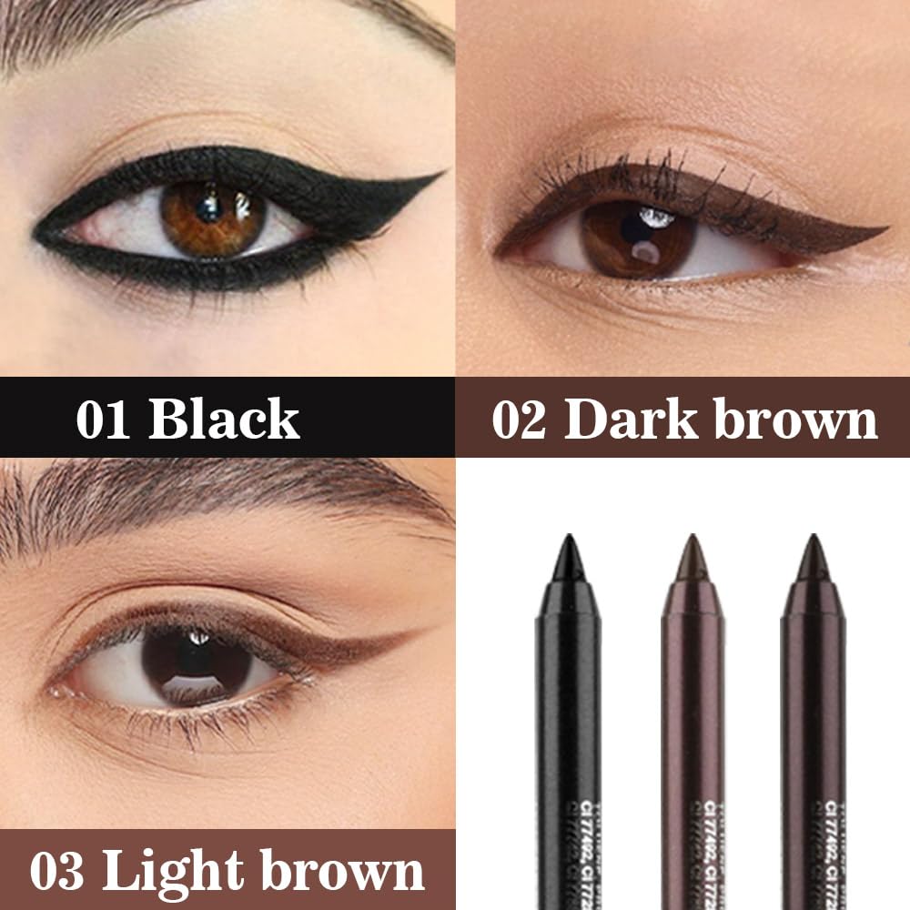 evpct 3Pcs Black & Dark Brown & Brown Gel Glitter Matte Metallic Eyeliner Pencils Set for Women Waterproof Smudge Proof lapiz de ojos delineador de ojos contra el agua Eye Liner Makeup 01 02 16