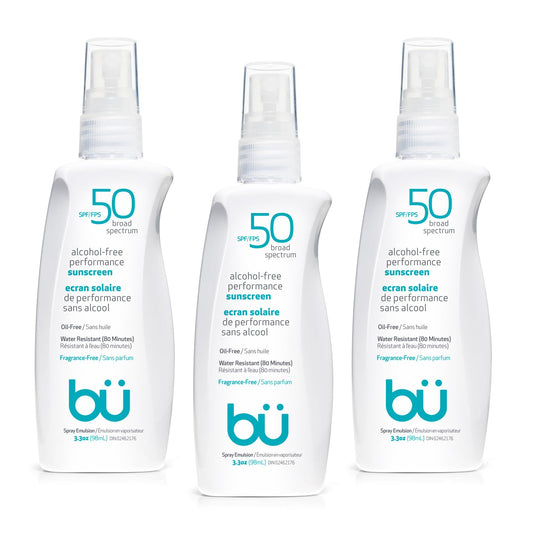BU SPF 50 Sunscreen Spray for Face and Body, Fragrance Free, Clear Non Aeorsol, Non Greasy and Water Resistant (3-pack)
