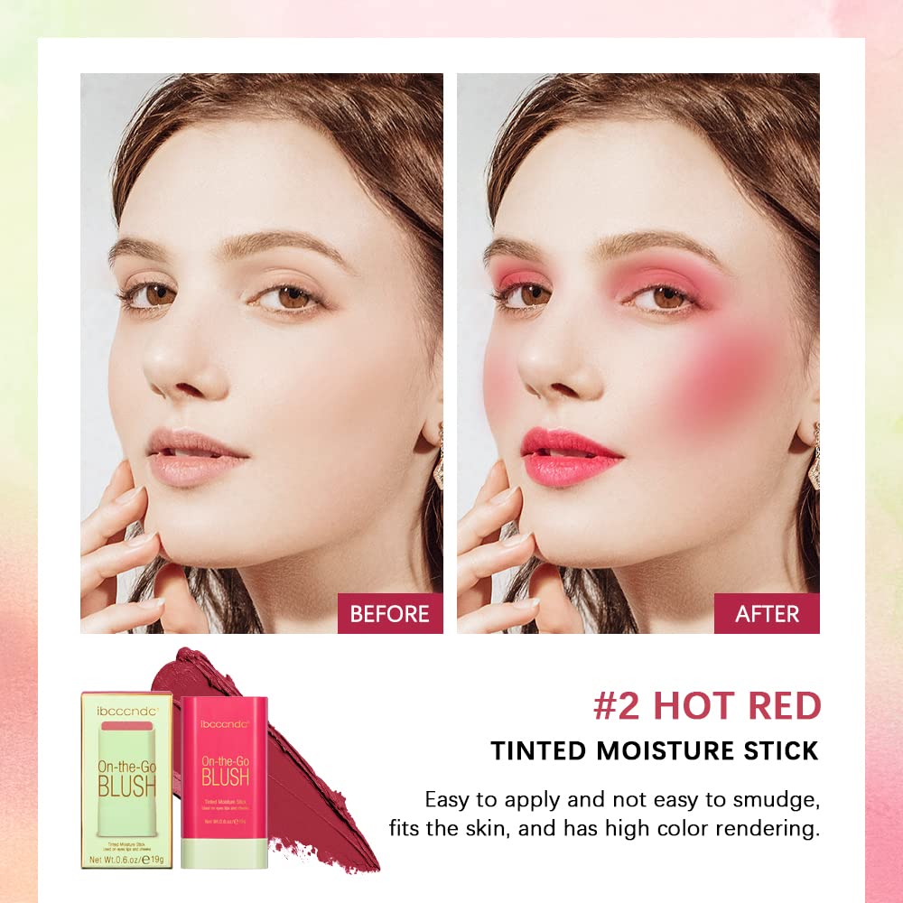 Blush Stick Matte Finish Waterproof Long Lasting Pink Red Cheek Lip Make-up Multi Lip Tint Stick Highlighter High Pigment Rouge Blush for Women Lady Daily Lip Cheek Makeup (2#hot red)