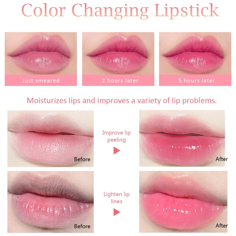 evpct 3Pcs Magic Color Changing Lipstick Long Lasting Waterproof 24 Hours Original for Women, Peach Strawberry Grape Pink PH Mood Permanent Color Changing Lipstick Lip Balm Gloss, labial magico