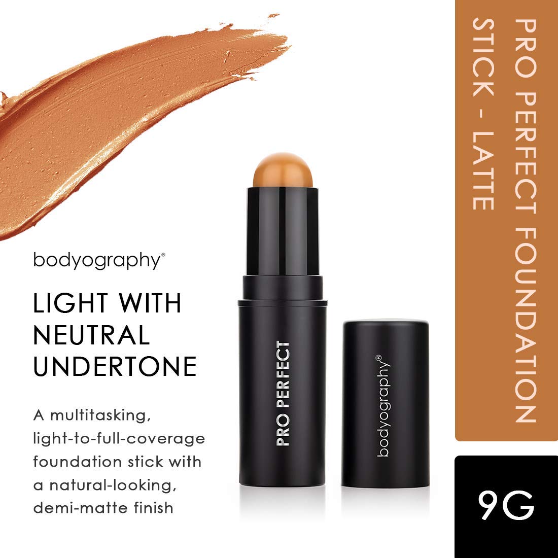 Bodyography Pro Perfect Foundation Stick - Demi-Matte Finish with A Natural Look - Enhancer for Concealing, Highlighting, and Contouring - Vitamin C & E (Latte)