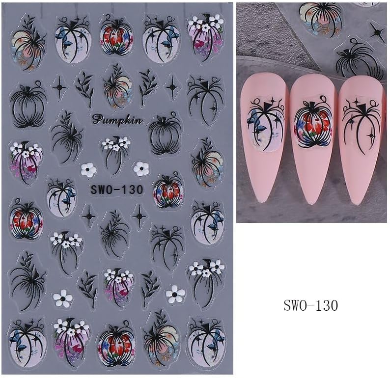 Halloween Nails Stickers Black Pumpkins Nails Sticker 3D Embossed White Flower Self Adhesive Sticker Nail Decals Black Bunch Nail Art Decals Halloween Decals for Nail DIY Manicure 2Sheet